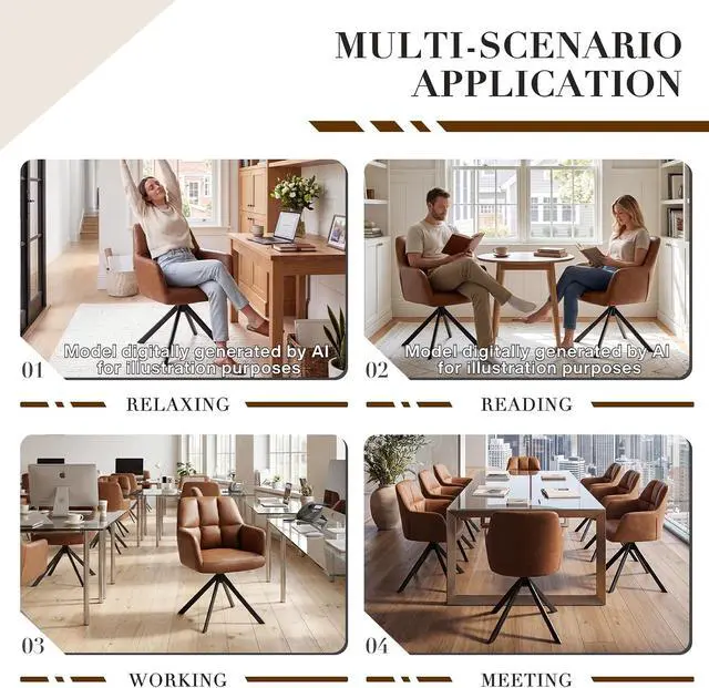 Alt view image 7 of 7 - EALSON Comfy Leather Desk Chair Modern Computer Task Chair no Wheels Swivel Accent Chair with Mid Back Arm Chair for Living Room/Bedroom/Home Office, PU Brown