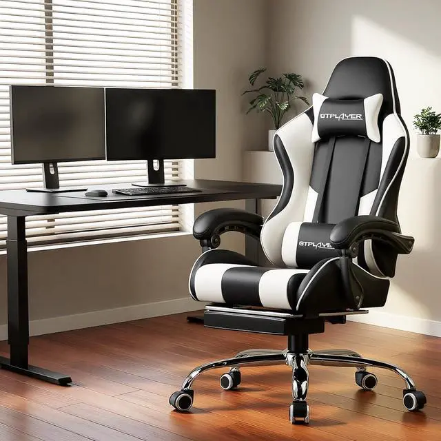 Alt view image 2 of 7 - GTPLAYER Gaming Chair, Computer Chair with Footrest and Lumbar Support, Height Adjustable Game Chair with 360°-Swivel Seat and Headrest and for Office or Gaming (White)
