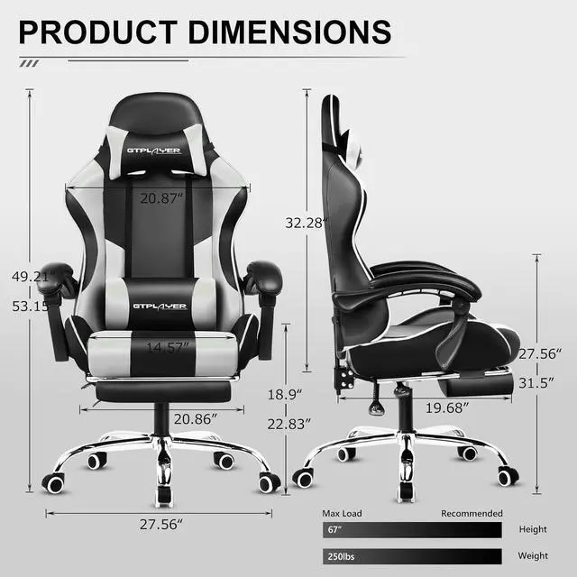 Alt view image 3 of 7 - GTPLAYER Gaming Chair, Computer Chair with Footrest and Lumbar Support, Height Adjustable Game Chair with 360°-Swivel Seat and Headrest and for Office or Gaming (White)