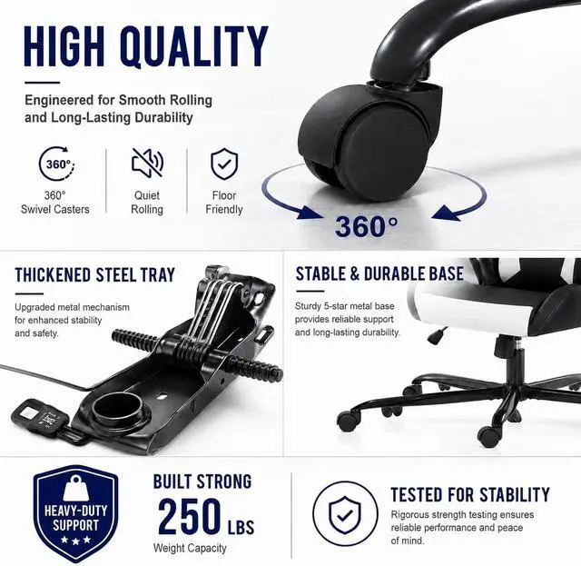 Alt view image 6 of 7 - BestOffice High-Back Gaming Chair PC Office Chair Computer Racing Chair PU Desk Task Chair Ergonomic Executive Swivel Rolling Chair with Lumbar Support for Back Pain Women, Men,White