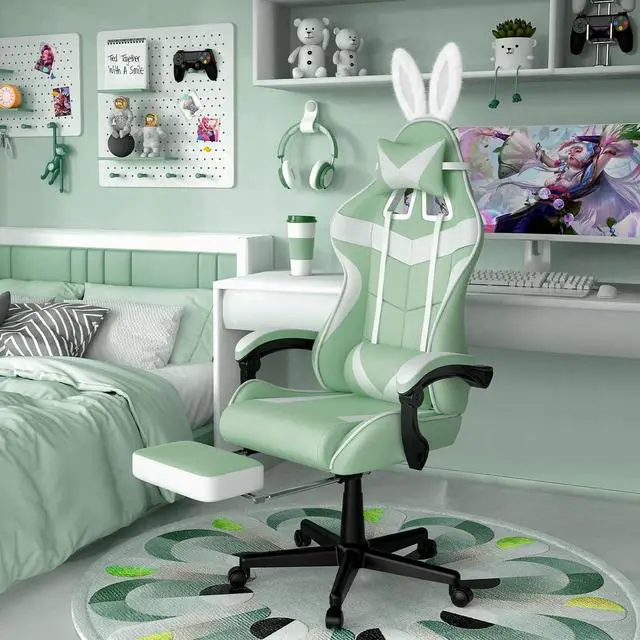 Alt view image 2 of 7 - Soontrans Light Green Gaming Chair with Footrest,Lovely Cute Bunny Computer Gamer Chair,Kawaii Desk Chair for Granddaughter,Sister,Girlfriend,Wife and Love