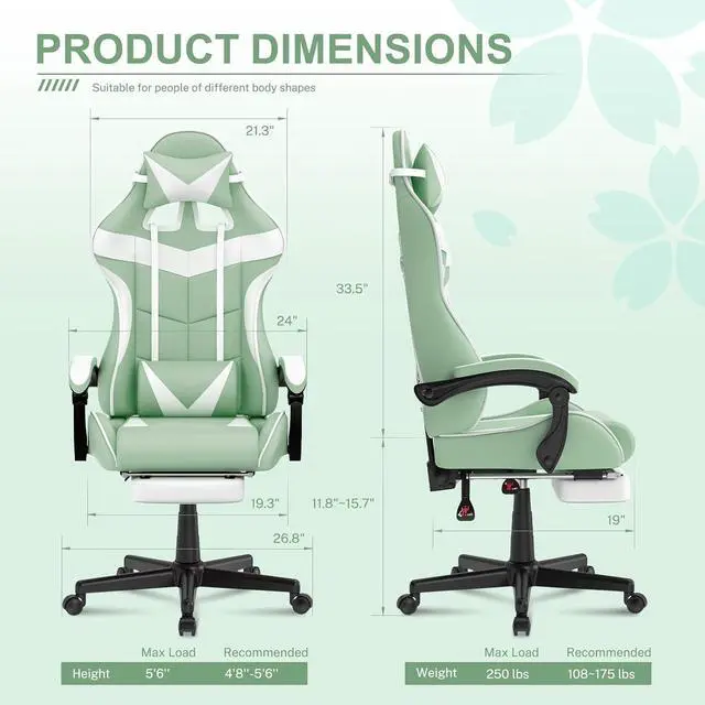 Alt view image 3 of 7 - Soontrans Light Green Gaming Chair with Footrest,Lovely Cute Bunny Computer Gamer Chair,Kawaii Desk Chair for Granddaughter,Sister,Girlfriend,Wife and Love