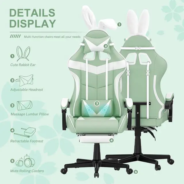 Alt view image 4 of 7 - Soontrans Light Green Gaming Chair with Footrest,Lovely Cute Bunny Computer Gamer Chair,Kawaii Desk Chair for Granddaughter,Sister,Girlfriend,Wife and Love