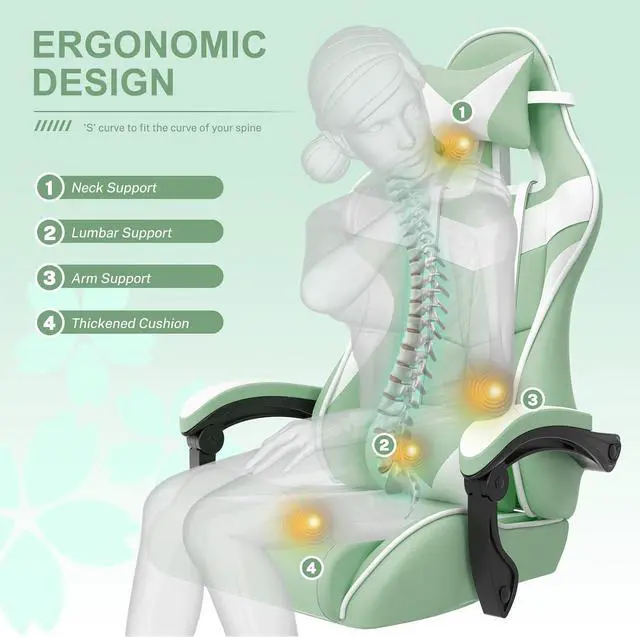 Alt view image 5 of 7 - Soontrans Light Green Gaming Chair with Footrest,Lovely Cute Bunny Computer Gamer Chair,Kawaii Desk Chair for Granddaughter,Sister,Girlfriend,Wife and Love