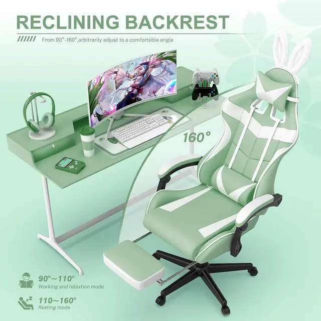 Alt view image 7 of 7 - Soontrans Light Green Gaming Chair with Footrest,Lovely Cute Bunny Computer Gamer Chair,Kawaii Desk Chair for Granddaughter,Sister,Girlfriend,Wife and Love