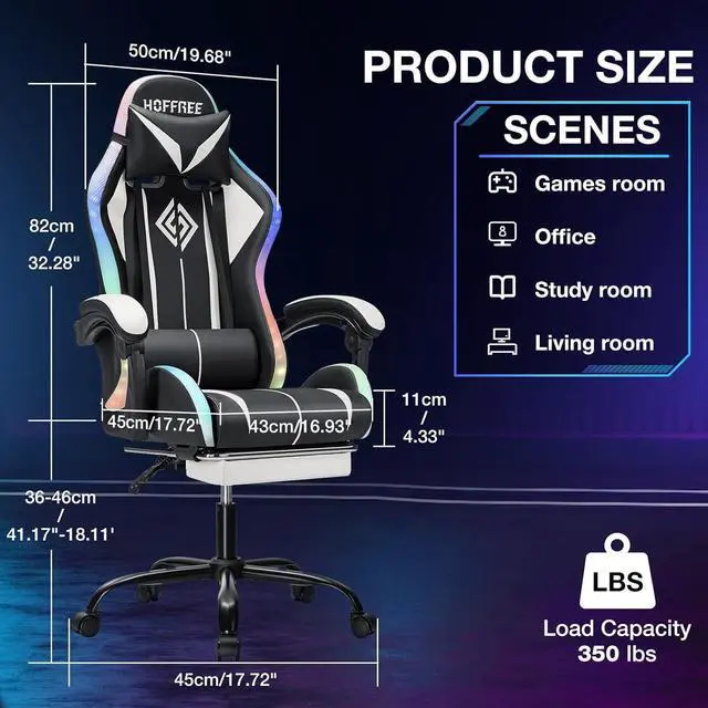 Alt view image 2 of 7 - RGB Gaming Chair with LED Lights Massage Computer Chair Ergonomic High Back Video Game Chair with Footrest and Adjustable Lumbar Support Gamer Chairs with Linkage Armrest White and Black