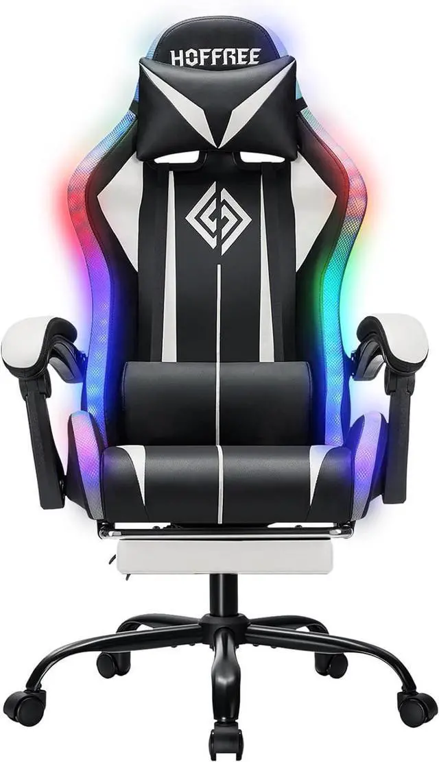 Main image of RGB Gaming Chair with LED Lights Massage Computer Chair Ergonomic High Back Video Game Chair with Footrest and Adjustable Lumbar Support Gamer Chairs with Linkage Armrest White and Black