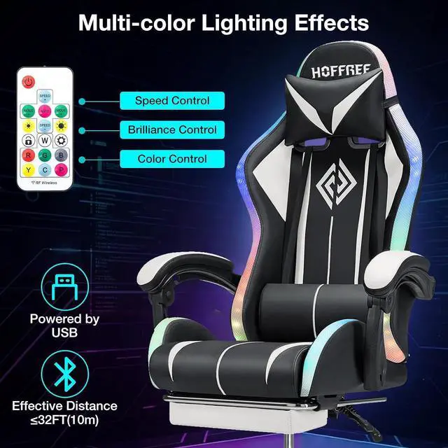 Alt view image 5 of 7 - RGB Gaming Chair with LED Lights Massage Computer Chair Ergonomic High Back Video Game Chair with Footrest and Adjustable Lumbar Support Gamer Chairs with Linkage Armrest White and Black