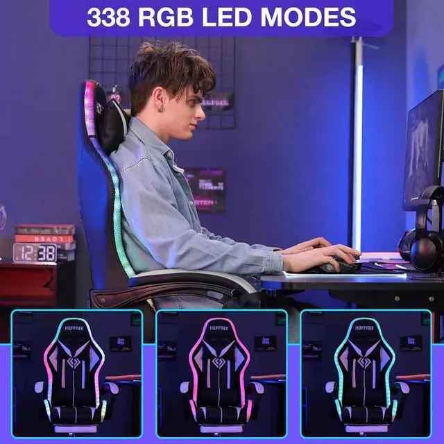Alt view image 4 of 7 - RGB Gaming Chair with LED Lights Massage Computer Chair Ergonomic High Back Video Game Chair with Footrest and Adjustable Lumbar Support Gamer Chairs with Linkage Armrest White and Black