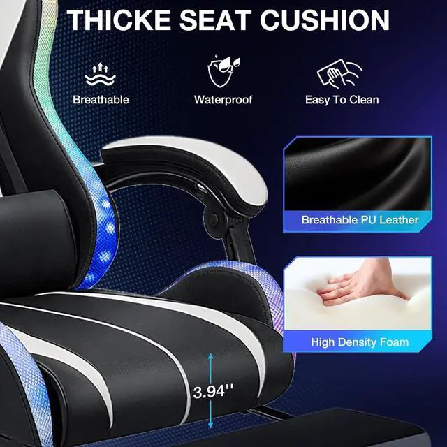 Alt view image 7 of 7 - RGB Gaming Chair with LED Lights Massage Computer Chair Ergonomic High Back Video Game Chair with Footrest and Adjustable Lumbar Support Gamer Chairs with Linkage Armrest White and Black