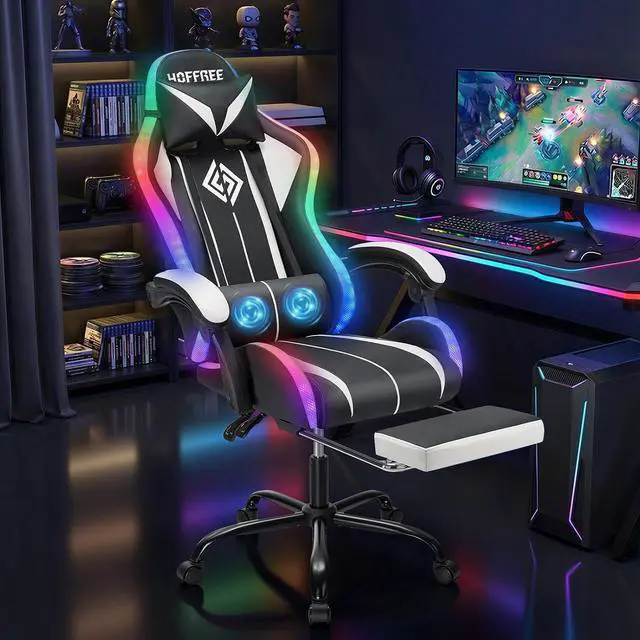 Alt view image 3 of 7 - RGB Gaming Chair with LED Lights Massage Computer Chair Ergonomic High Back Video Game Chair with Footrest and Adjustable Lumbar Support Gamer Chairs with Linkage Armrest White and Black