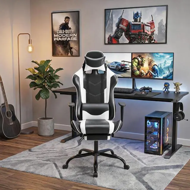 Alt view image 2 of 7 - BestOffice | Ergonomic Gaming Chair | White | Reclining Computer Chair with Lumbar Support, Headrest Pillow, Adjustable Footrests | 360 Swivel with Heavy Duty Wheels | for Home & Office