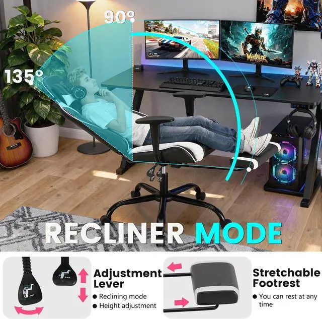 Alt view image 4 of 7 - BestOffice | Ergonomic Gaming Chair | White | Reclining Computer Chair with Lumbar Support, Headrest Pillow, Adjustable Footrests | 360 Swivel with Heavy Duty Wheels | for Home & Office