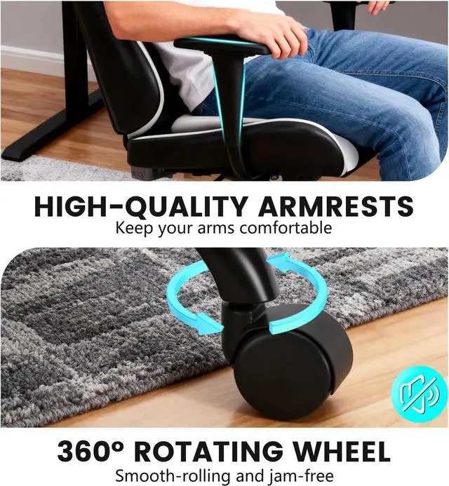 Alt view image 6 of 7 - BestOffice | Ergonomic Gaming Chair | White | Reclining Computer Chair with Lumbar Support, Headrest Pillow, Adjustable Footrests | 360 Swivel with Heavy Duty Wheels | for Home & Office