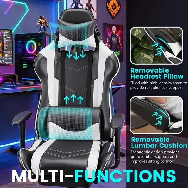 Alt view image 7 of 7 - BestOffice | Ergonomic Gaming Chair | White | Reclining Computer Chair with Lumbar Support, Headrest Pillow, Adjustable Footrests | 360 Swivel with Heavy Duty Wheels | for Home & Office