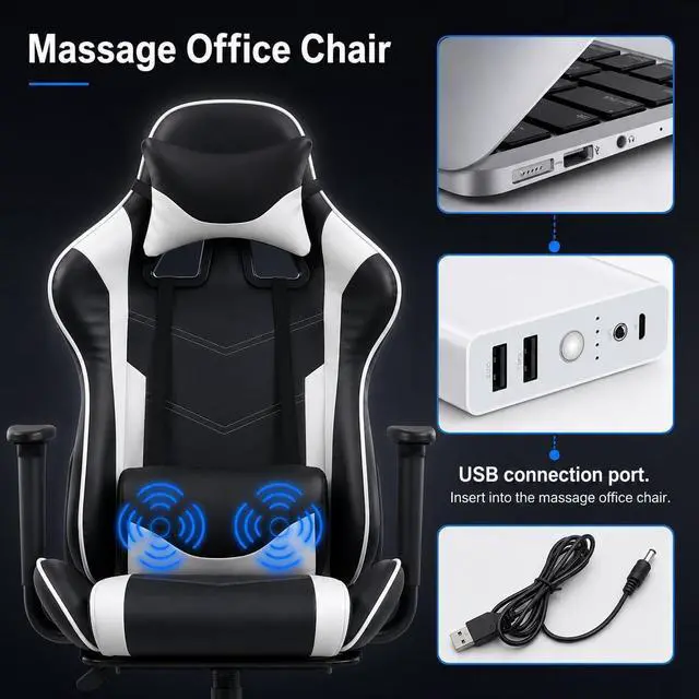 Alt view image 6 of 7 - BestOffice PC Gaming Chair Racing Office Chair Ergonomic Desk Chair Massage PU Leather Recliner Computer Chair with Lumbar Support Headrest Armrest Footrest Rolling Swivel Task Chair for Adults, White