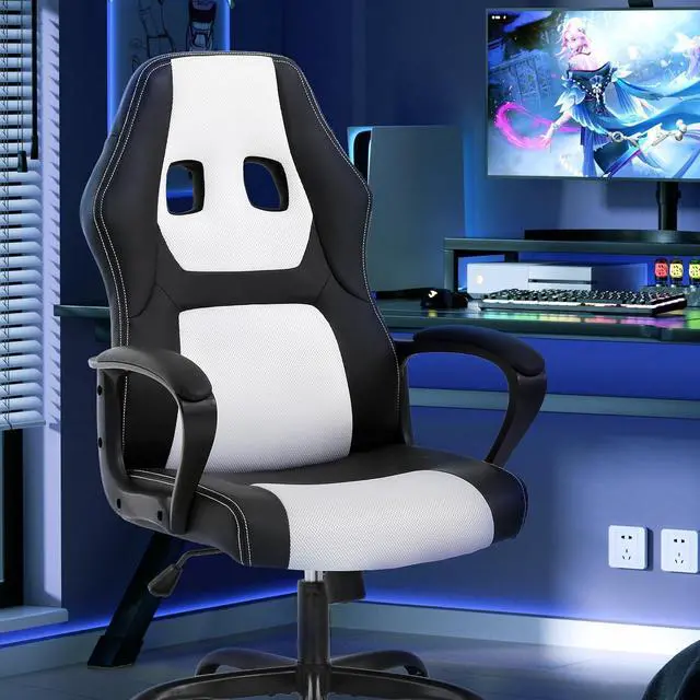 Alt view image 2 of 7 - Gaming Chair PC Office Chair Ergonomic Gamer Chair PU Leather Executive Computer Chair with Lumbar Support High Back Adjustable Rolling Swivel Desk Chair for Adult Teen, White