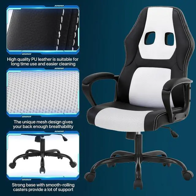 Alt view image 5 of 7 - Gaming Chair PC Office Chair Ergonomic Gamer Chair PU Leather Executive Computer Chair with Lumbar Support High Back Adjustable Rolling Swivel Desk Chair for Adult Teen, White