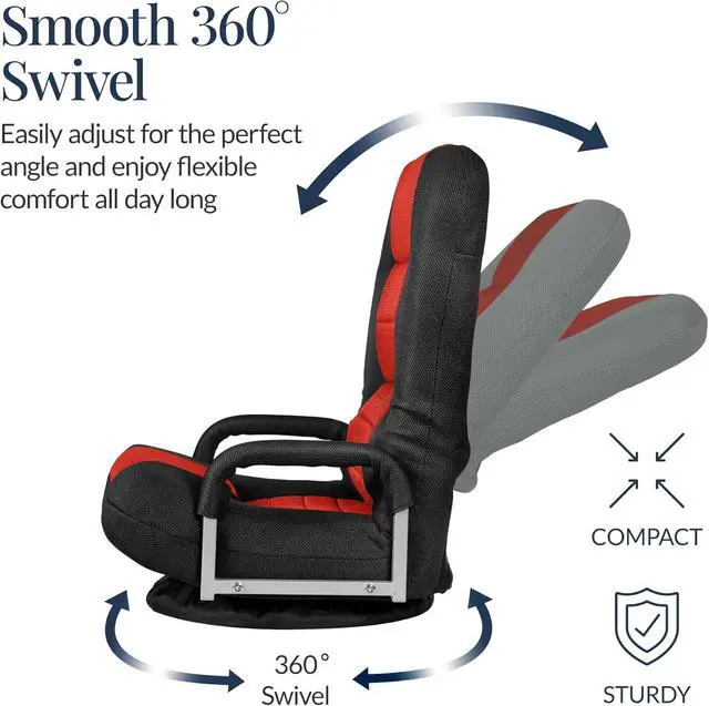 Alt view image 6 of 7 - Best Choice Products Swivel Gaming Chair 360 Degree Multipurpose Floor Chair Rocker for TV, Reading, Playing Video Games w/Lumbar Support, Armrest Handles, Adjustable Foldable Backrest - Black/Red