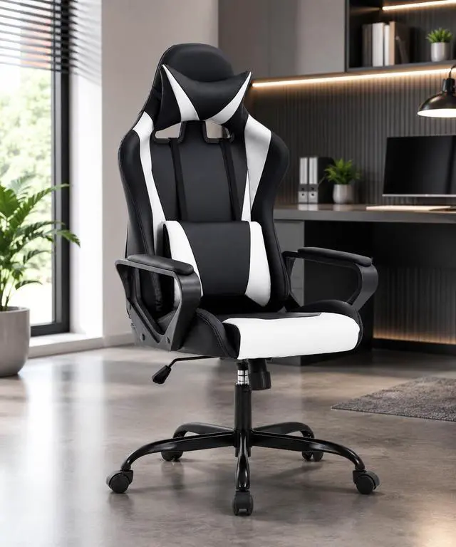Alt view image 2 of 7 - BestOffice High-Back Gaming Chair PC Office Chair Computer Racing Chair PU Desk Task Chair Ergonomic Executive Swivel Rolling Chair with Lumbar Support for Back Pain Women, Men,White
