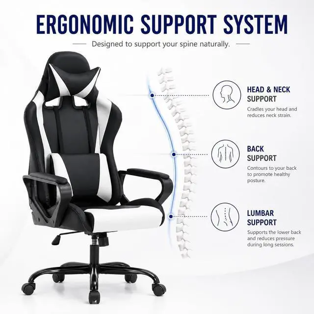 Alt view image 4 of 7 - BestOffice High-Back Gaming Chair PC Office Chair Computer Racing Chair PU Desk Task Chair Ergonomic Executive Swivel Rolling Chair with Lumbar Support for Back Pain Women, Men,White