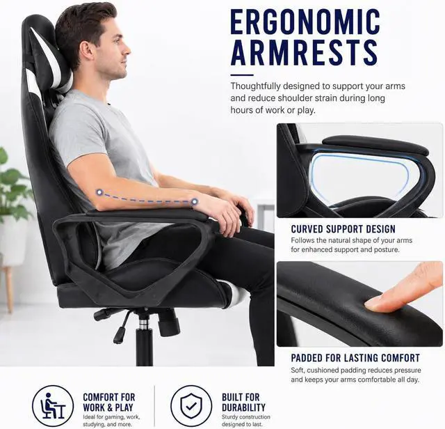 Alt view image 5 of 7 - BestOffice High-Back Gaming Chair PC Office Chair Computer Racing Chair PU Desk Task Chair Ergonomic Executive Swivel Rolling Chair with Lumbar Support for Back Pain Women, Men,White