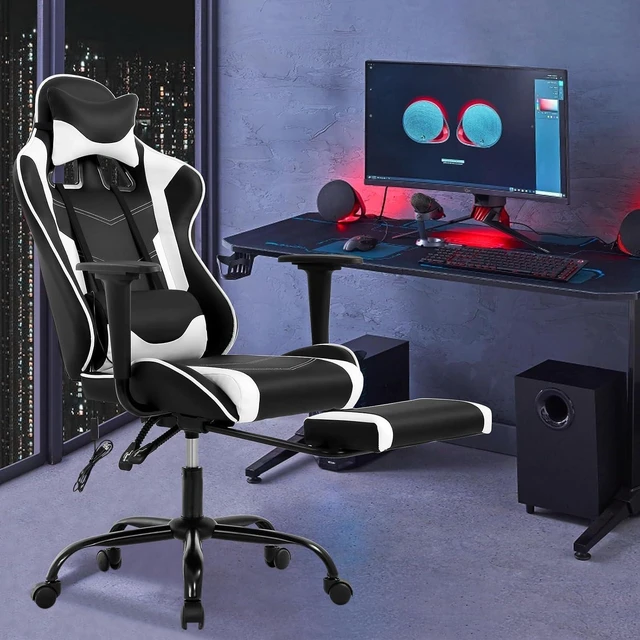 Alt view image 2 of 7 - PC Gaming Chair Ergonomic Racing Office Chair Video Game Chair, Massage Function Lumbar Support with Arms Footrest & Headrest Nice Chic Desk Chair, Adjustable Home Office Chair - White