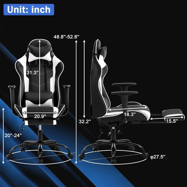 Alt view image 3 of 7 - PC Gaming Chair Ergonomic Racing Office Chair Video Game Chair, Massage Function Lumbar Support with Arms Footrest & Headrest Nice Chic Desk Chair, Adjustable Home Office Chair - White