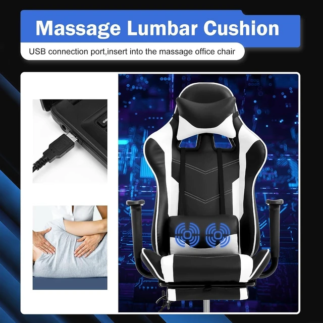 Alt view image 5 of 7 - PC Gaming Chair Ergonomic Racing Office Chair Video Game Chair, Massage Function Lumbar Support with Arms Footrest & Headrest Nice Chic Desk Chair, Adjustable Home Office Chair - White