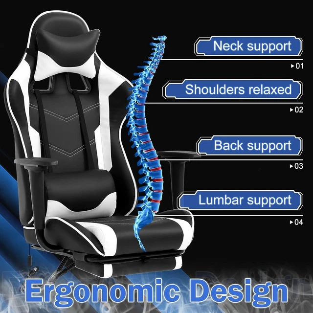 Alt view image 6 of 7 - PC Gaming Chair Ergonomic Racing Office Chair Video Game Chair, Massage Function Lumbar Support with Arms Footrest & Headrest Nice Chic Desk Chair, Adjustable Home Office Chair - White