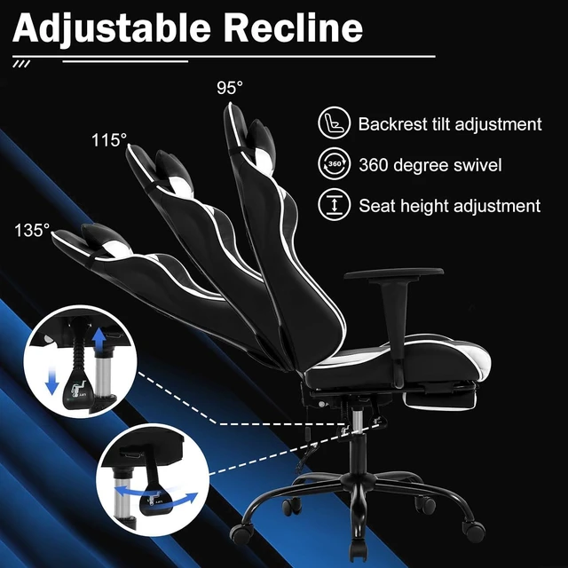 Alt view image 7 of 7 - PC Gaming Chair Ergonomic Racing Office Chair Video Game Chair, Massage Function Lumbar Support with Arms Footrest & Headrest Nice Chic Desk Chair, Adjustable Home Office Chair - White