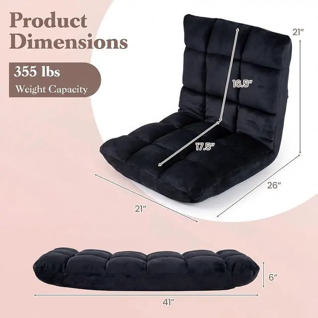 Alt view image 3 of 7 - Giantex Folding Floor Chair with Back Support, 14 Adjustable Position, Padded Sleeper Bed, Couch Recliner, Floor Gaming Chair for Adults Meditation Living Room Bedroom, Black