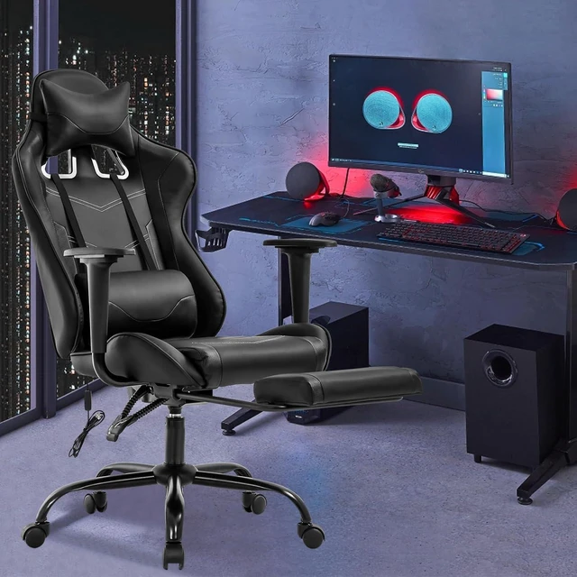 Alt view image 2 of 7 - Massage Gaming Chair with Footrest - Ergonomic PC Office Chair with Lumbar Support, Headrest, Armrest - High Back PU Leather Recliner, Heavy Duty Swivel Gamer Chair, Black