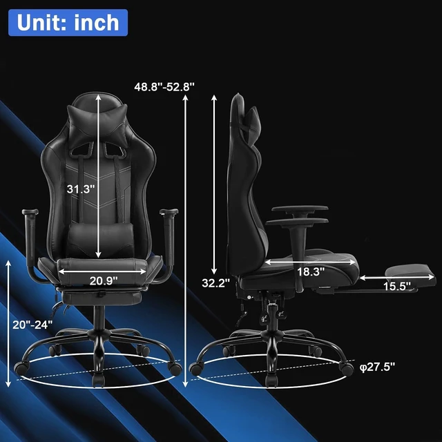 Alt view image 3 of 7 - Massage Gaming Chair with Footrest - Ergonomic PC Office Chair with Lumbar Support, Headrest, Armrest - High Back PU Leather Recliner, Heavy Duty Swivel Gamer Chair, Black