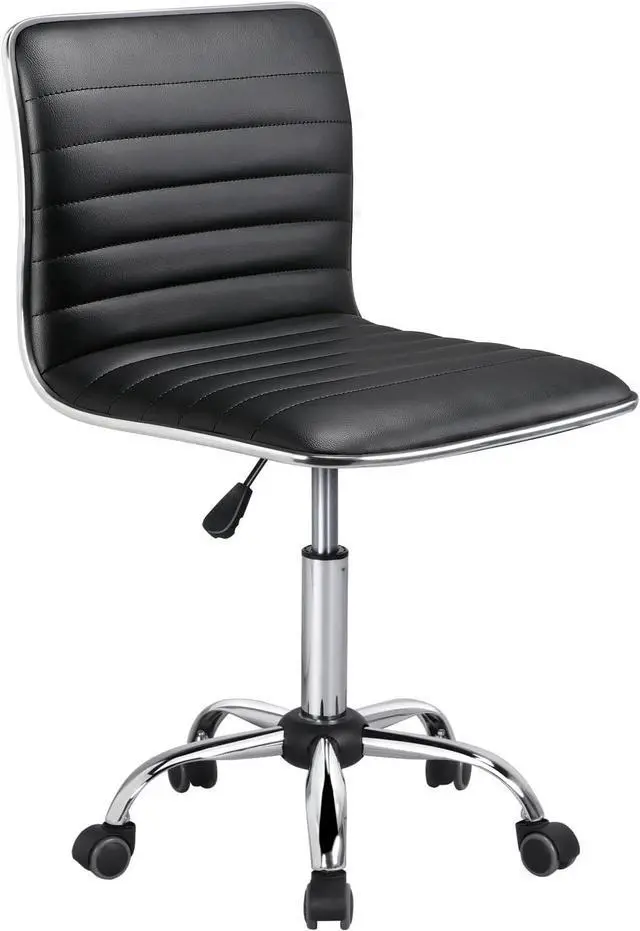 Main image of Yaheetech Ribbed Armless Office Chair Low Back PU Leather Swivel, Black | Low back foam padded ribbed upholstery, adjustable height, full swivel, armless, quiet rolling wheels, easy quick assembly.