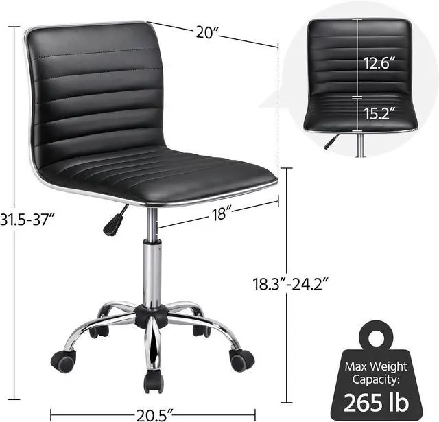 Alt view image 3 of 7 - Yaheetech Ribbed Armless Office Chair Low Back PU Leather Swivel, Black | Low back foam padded ribbed upholstery, adjustable height, full swivel, armless, quiet rolling wheels, easy quick assembly.