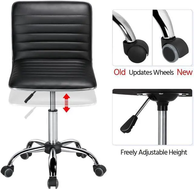 Alt view image 4 of 7 - Yaheetech Ribbed Armless Office Chair Low Back PU Leather Swivel, Black | Low back foam padded ribbed upholstery, adjustable height, full swivel, armless, quiet rolling wheels, easy quick assembly.