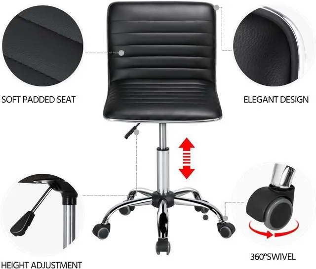 Alt view image 5 of 7 - Yaheetech Ribbed Armless Office Chair Low Back PU Leather Swivel, Black | Low back foam padded ribbed upholstery, adjustable height, full swivel, armless, quiet rolling wheels, easy quick assembly.