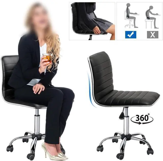 Alt view image 6 of 7 - Yaheetech Ribbed Armless Office Chair Low Back PU Leather Swivel, Black | Low back foam padded ribbed upholstery, adjustable height, full swivel, armless, quiet rolling wheels, easy quick assembly.