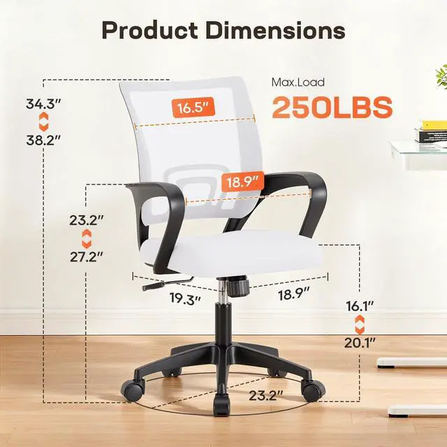 Alt view image 7 of 7 - BestOffice Ergonomic Office Chair | Mid-Back Swivel Desk Chair | White | with Lumbar Support, Adjustable Height & Breathable Backrest | Sponge Seat & Rolling Wheels | for Home, Office | Pack of 1