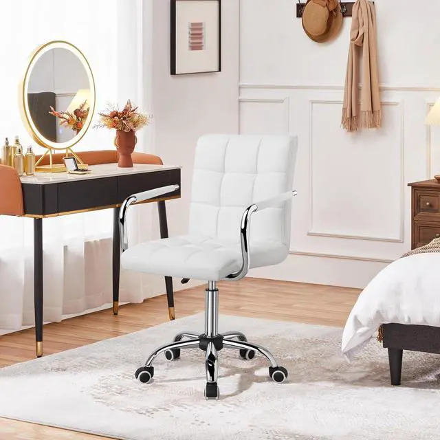 Alt view image 4 of 7 - Yaheetech White Vanity Desk Chair with Wheels, Tufted PU Leather Armchair | Padded foam seat on a sturdy chrome metal base swivels, rolls smoothly, adjusts 19-25 in, wipes clean, and sets up easily.
