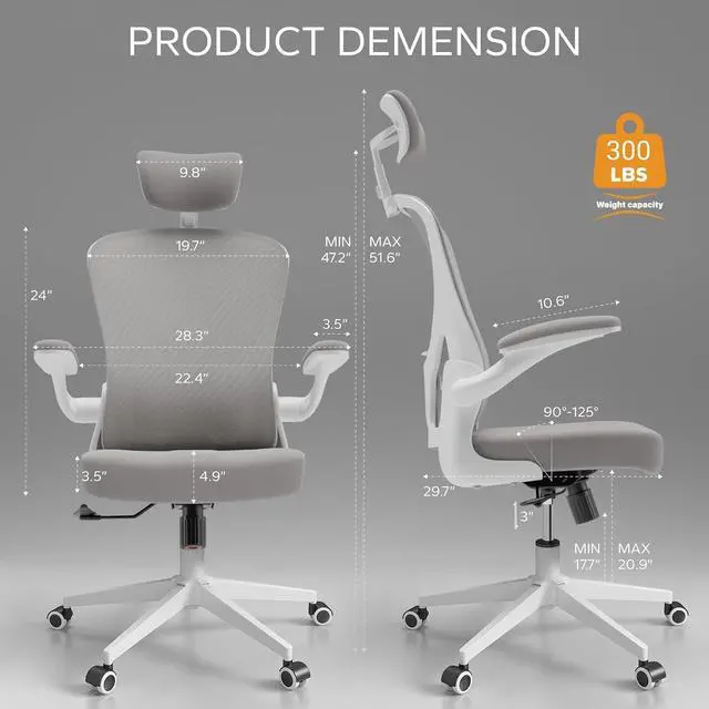 Alt view image 2 of 7 - Ergonomic Office Desk Chair High Back Mesh Computer Chair | 360° Swivel Adjustable Lumbar Support & Flip-Up Armrests capacity 300 lbs capacity