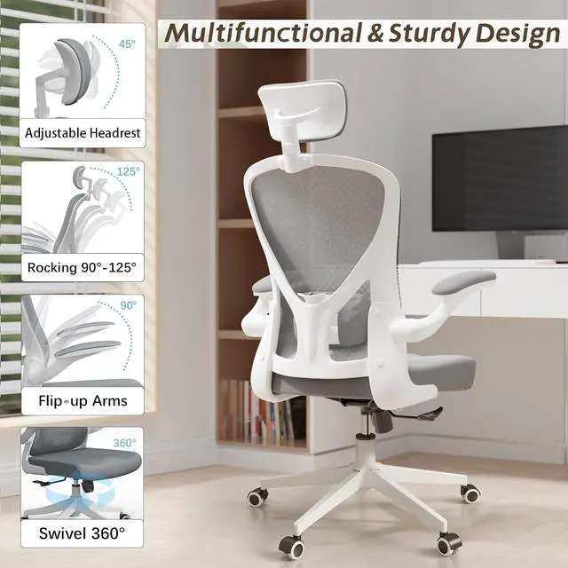 Alt view image 5 of 7 - Ergonomic Office Desk Chair High Back Mesh Computer Chair | 360° Swivel Adjustable Lumbar Support & Flip-Up Armrests capacity 300 lbs capacity