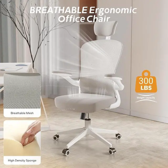 Alt view image 6 of 7 - Ergonomic Office Desk Chair High Back Mesh Computer Chair | 360° Swivel Adjustable Lumbar Support & Flip-Up Armrests capacity 300 lbs capacity