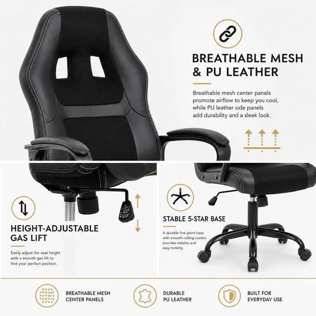 Alt view image 6 of 7 - BestOffice Office Chair PC Gaming Chair Cheap Desk Chair Ergonomic PU Leather Executive Computer Chair Lumbar Support for Women, Men (Black)