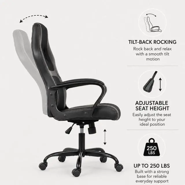 Alt view image 4 of 7 - BestOffice Office Chair PC Gaming Chair Cheap Desk Chair Ergonomic PU Leather Executive Computer Chair Lumbar Support for Women, Men (Black)