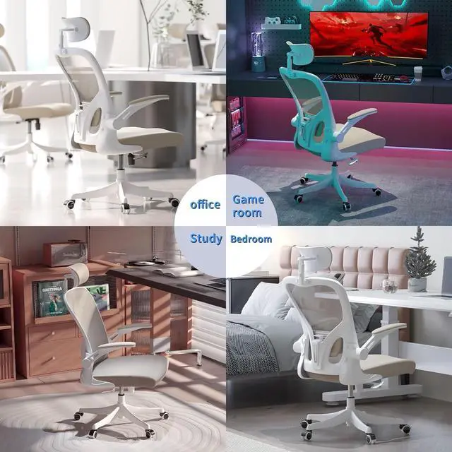 Alt view image 2 of 7 - Monhey Office Chair Ergonomic Desk Chair with Lumbar Support&Headrest&Flip-up Arms Height Adjustable Rocking Swivel Computer Chair Multi-Angle from 90° to 125° with 350LBS Capacity (02White+Khaki)