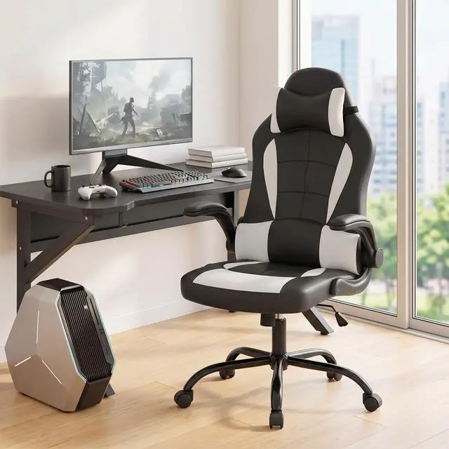 Alt view image 2 of 7 - BestOffice PC Gaming Chair Ergonomic Office Chair Desk Chair with Lumbar Support Flip Up Arms Headrest PU Leather Executive High Back Computer Chair for Adults Women Men (White)