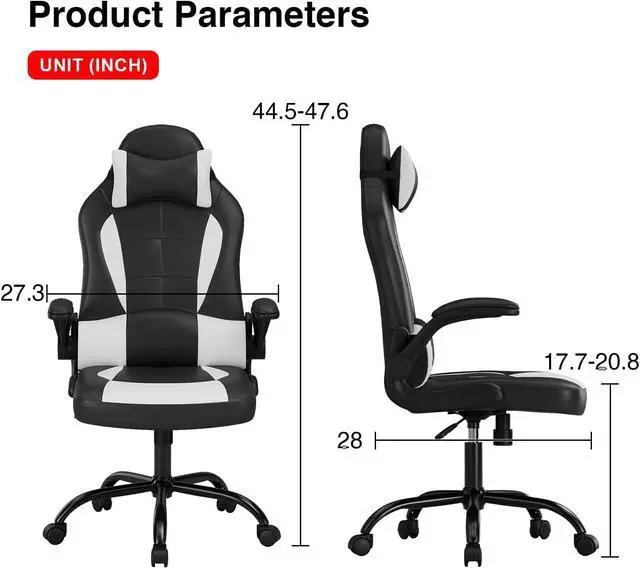 Alt view image 3 of 7 - BestOffice PC Gaming Chair Ergonomic Office Chair Desk Chair with Lumbar Support Flip Up Arms Headrest PU Leather Executive High Back Computer Chair for Adults Women Men (White)