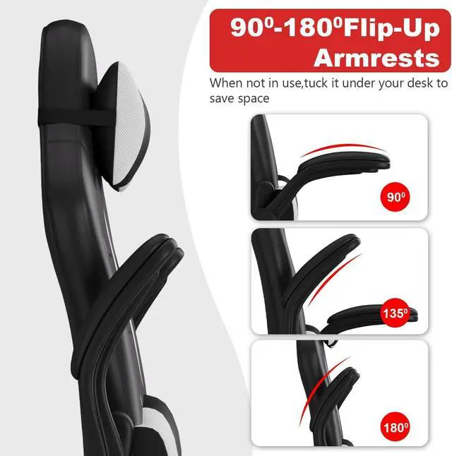 Alt view image 5 of 7 - BestOffice PC Gaming Chair Ergonomic Office Chair Desk Chair with Lumbar Support Flip Up Arms Headrest PU Leather Executive High Back Computer Chair for Adults Women Men (White)